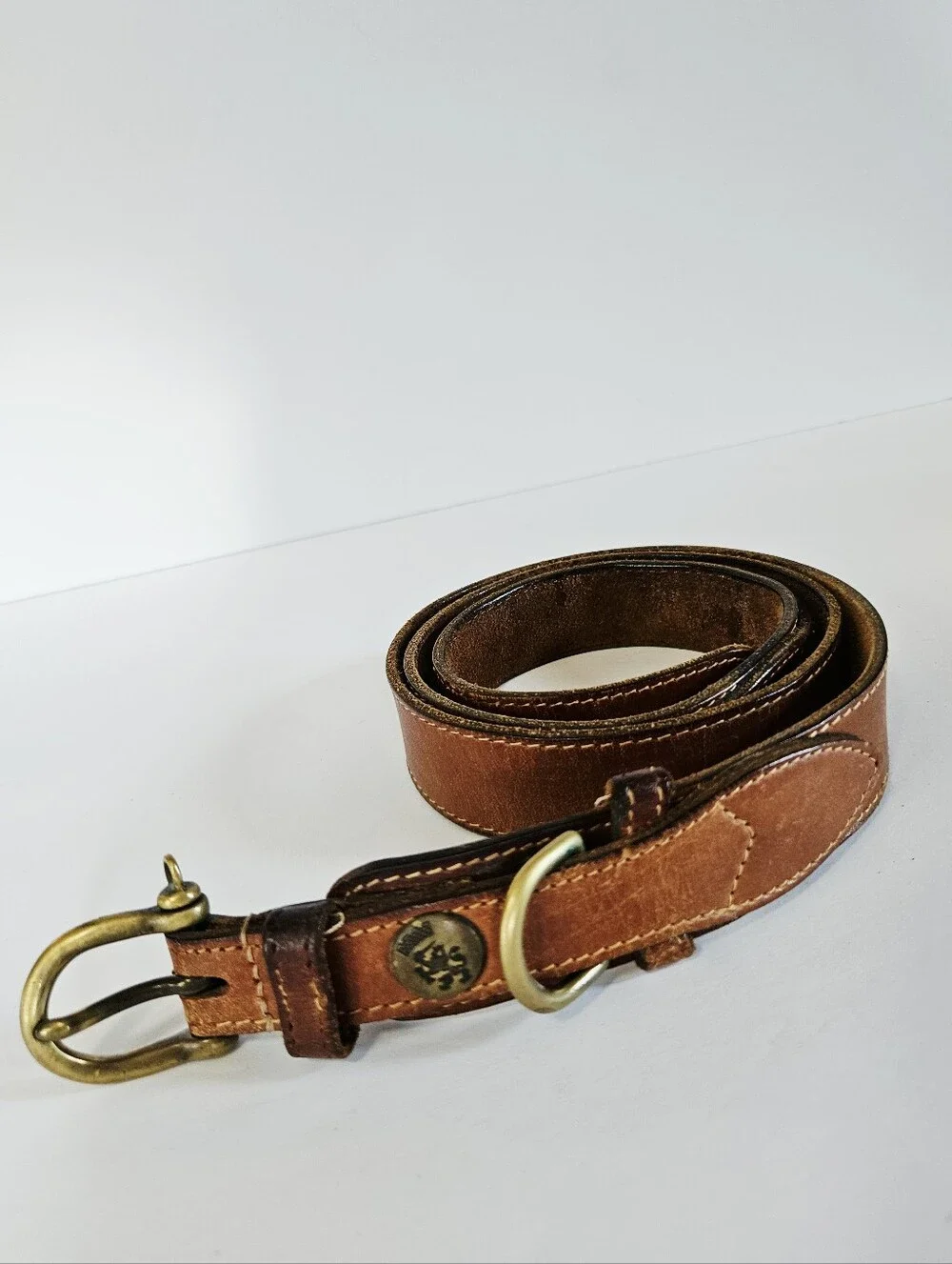 Vintage Tommy Hillfiger Classic Antiqued Brown Leather Layered Brass Buckle Belt